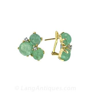 Cabochon Green Beryl and Diamond Cluster Earrings