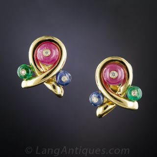 Cabochon Ruby, Sapphire and Emerald Earrings