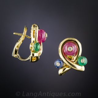 Cabochon Ruby, Sapphire and Emerald Earrings