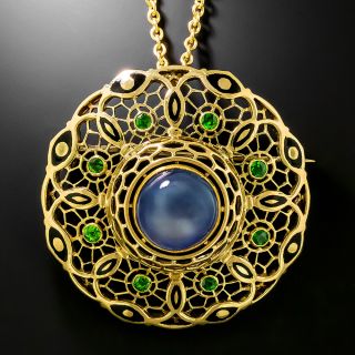 Cabochon Sapphire and Demantoid Garnet Pendant/Brooch, Circa 1900  - 2
