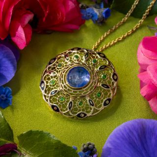 Cabochon Sapphire and Demantoid Garnet Pendant/Brooch, Circa 1900 
