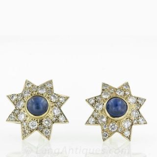 Estate Cabochon Sapphire Diamond Star Earrings
