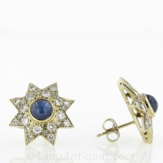 Cabochon Sapphire and Diamond Star Estate Earrings