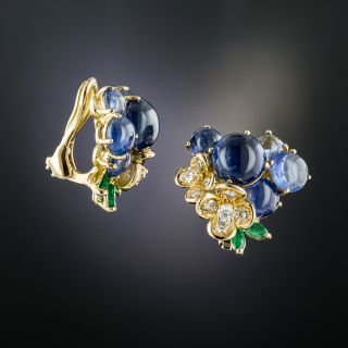 Cabochon Sapphire, Diamond and Emerald Flower Earrings