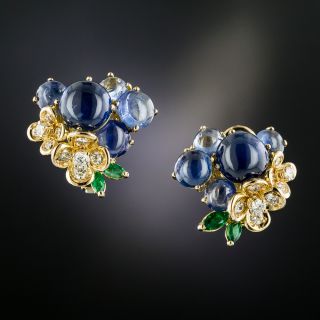 Cabochon Sapphire, Diamond and Emerald Flower Earrings