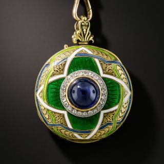 Cabochon Sapphire Enamel and Diamond Pendant Necklace Watch