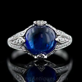 Cabochon Sapphire Platinum and Diamond Ring