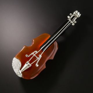 Estate Carnelian and Diamond Violin Brooch - 2