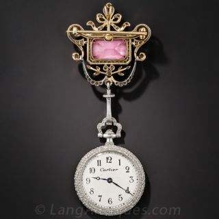 Cartier Diamond Pendant Watch with Pink Tourmaline Top