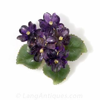 Carved Amethyst African Violet and Nephrite Bouquet Brooch