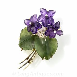Carved Amethyst and Nephrite Floral Brooch