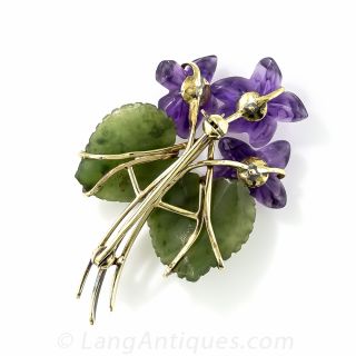 Carved Amethyst and Nephrite Floral Brooch