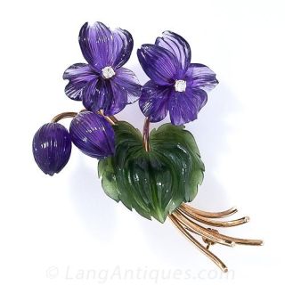 Carved Amethyst, Nephrite Jade and Diamond Flower Brooch