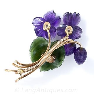 Carved Amethyst, Nephrite Jade and Diamond Flower Brooch