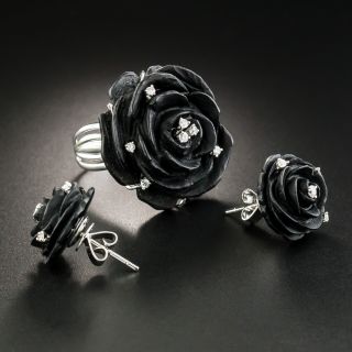 Carved Black Onyx and Diamond Flower Ring and Earrings - 1