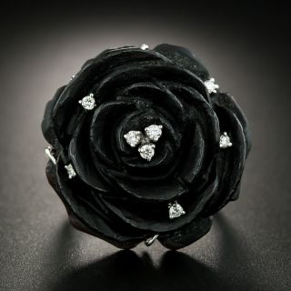 Carved Black Onyx and Diamond Flower Ring and Earrings