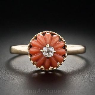 Carved Coral and Antique Diamond Ring