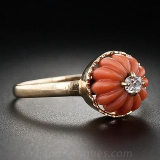 Carved Coral and Antique Diamond Ring