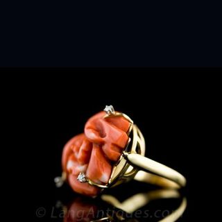 Carved Coral and Diamond Ring