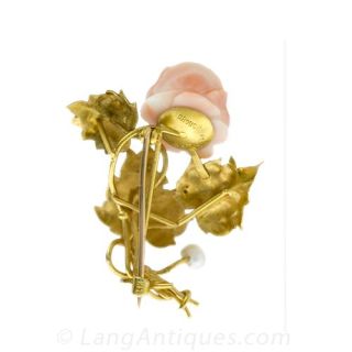 Carved Coral and Pearl Rose Brooch