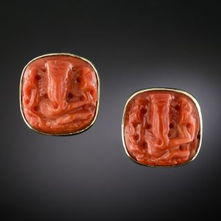 Carved Coral Ganesh Earrings - 2