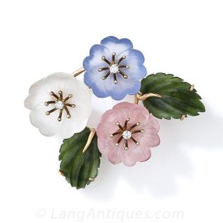 Carved Crystal, Rose Quartz and Diamond Flower Brooch