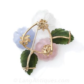 Carved Crystal, Rose Quartz and Diamond Flower Brooch
