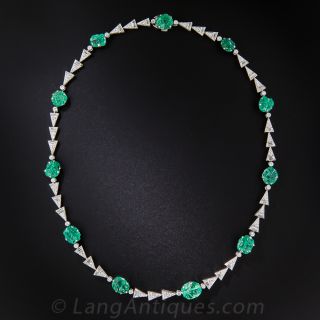 Carved Emerald and Diamond Art Deco Necklace