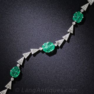 Carved Emerald and Diamond Art Deco Necklace