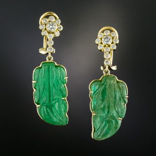 Carved Emerald and Diamond Earrings  - 2