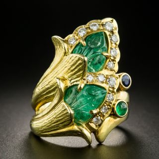Carved Emerald Diamond Double Flower Ring - 1