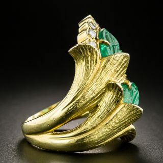 Carved Emerald Diamond Double Flower Ring