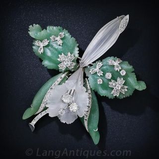 Carved Frosted Quartz and Diamond Orchid Brooch