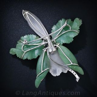 Carved Frosted Quartz and Diamond Orchid Brooch