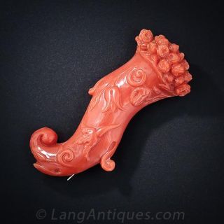 Carved Italian Corno Coral Brooch