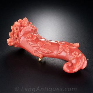 Carved Italian Corno Coral Brooch