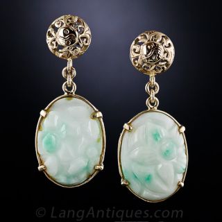 Carved Jade and 14K Yellow Gold Drop Earrings