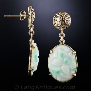 Carved Jade and 14K Yellow Gold Drop Earrings