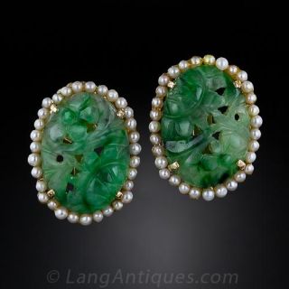 Carved Jade and Seed Pearl Earrings
