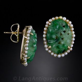 Carved Jade and Seed Pearl Earrings