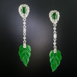  Carved Jade Leaf and Diamond Drop Earrings  - 2