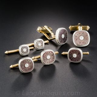Carved Mother-of-Pearl and Diamond Art Deco Stud Set
