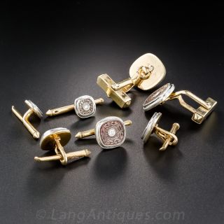 Carved Mother-of-Pearl and Diamond Art Deco Stud Set