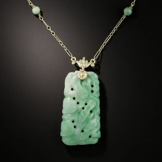Carved Natural Burmese Jade Plaque Pendant Necklace 