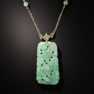 Carved Natural Burmese Jade Plaque Pendant Necklace 