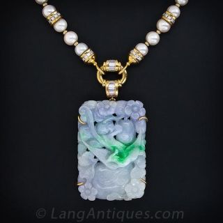 Carved Natural Lavender and Green Jade, Pearl and Diamond Necklace - 1