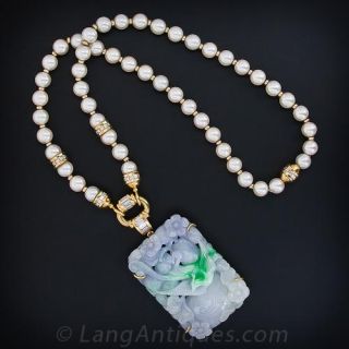 Carved Natural Lavender and Green Jade, Pearl and Diamond Necklace