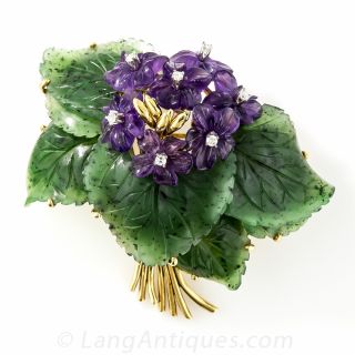 Carved Nephrite and Amethyst Floral Brooch 
