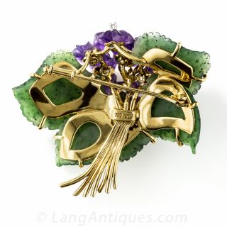 Carved Nephrite and Amethyst Floral Brooch 