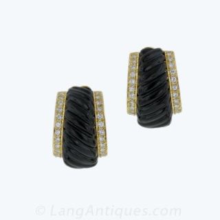 Carved Onyx Diamond Earclips